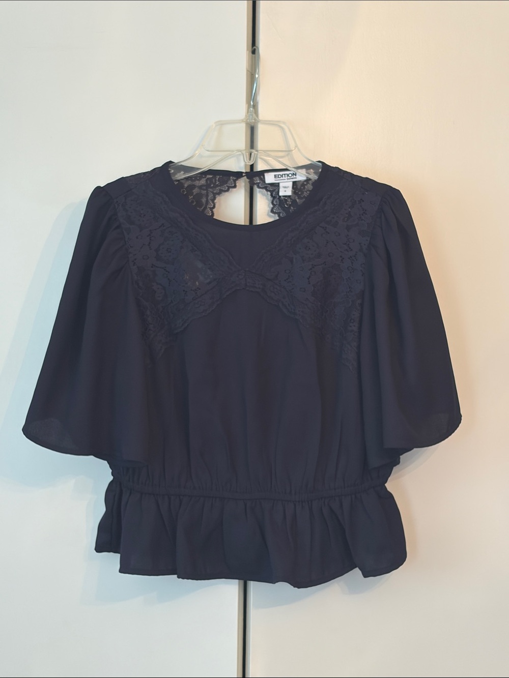 Express Navy Lace-Yoke Peplum Top